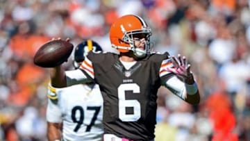 Oct 12, 2014; Cleveland, OH, USA; Cleveland Browns quarterback Brian Hoyer (6) throws the ball during the first quarter against the Pittsburgh Steelers at FirstEnergy Stadium. Mandatory Credit: Andrew Weber-USA TODAY Sports