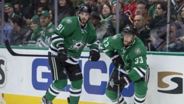 Jan 25, 2016; Dallas, TX, USA; Dallas Stars center Tyler Seguin (91) and defenseman Alex Goligoski (33) skate against the Calgary Flames during the first period at the American Airlines Center. Mandatory Credit: Jerome Miron-USA TODAY Sports