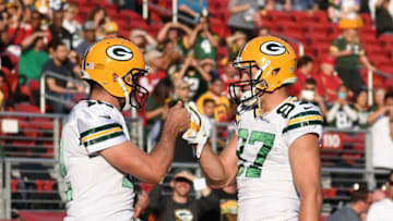 August 26, 2016; Santa Clara, CA, USA; Green Bay Packers quarterback Aaron Rodgers (12) shakes hands with wide receiver Jordy Nelson (87) before the game against the San Francisco 49ers at Levi's Stadium. Mandatory Credit: Kyle Terada-USA TODAY Sports