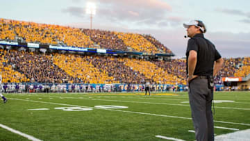 Oct 1, 2016; Morgantown, WV, USA; West Virginia Mountaineers head coach Dana Holgorsen stands on the sidelines during the fourth quarter against the Kansas State Wildcats at Milan Puskar Stadium. Mandatory Credit: Ben Queen-USA TODAY Sports