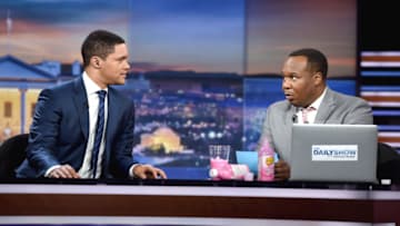 NEW YORK, NY - NOVEMBER 08: Host Trevor Noah (L) and correspondent Roy Wood Jr. on 'The Daily Show with Trevor Noah' LIVE one-hour Democalypse 2016 Election Night special on November 8, 2016 in New York City. (Photo by Jason Kempin/Getty Images for Comedy Central)