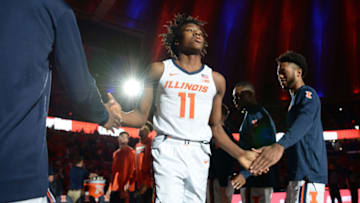 CHAMPAIGN, IL - JANUARY 11: Illinois Fighting Illini guard Ayo Dosunmu (11) is introduced to the crowd during the Big Ten Conference college basketball game between the Rutgers Scarlet Knights and the Illinois Fighting Illini on January 11, 2020, at the State Farm Center in Champaign, Illinois. (Photo by Michael Allio/Icon Sportswire via Getty Images)