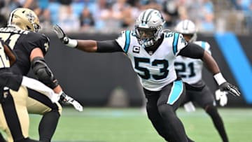 CHARLOTTE, NORTH CAROLINA - SEPTEMBER 25: Brian Burns #53 of the Carolina Panthers rushed against the New Orleans Saints during their game at Bank of America Stadium on September 25, 2022 in Charlotte, North Carolina. (Photo by Grant Halverson/Getty Images)