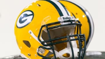 Nov 4, 2013; Green Bay, WI, USA; A Green Bay Packers helmet during the game against the Chicago Bears at Lambeau Field. Chicago won 27-20. Mandatory Credit: Jeff Hanisch-USA TODAY Sports