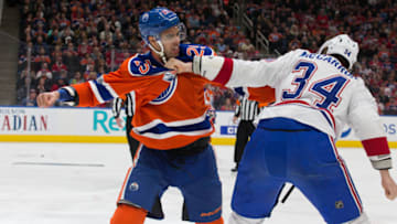 EDMONTON, AB - MARCH 12: Edmonton Oilers Defenceman Darnell Nurse (25) and Montreal Canadiens Right Wing Michael McCarron (34) get into a fight on March 12, 2017 at Rogers Place in Edmonton, AB. The Canadiens scored 4 goals in the 3rd period to win the game 4 to 1. (Photo by Curtis Comeau/Icon Sportswire via Getty Images)