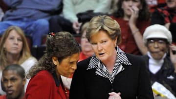 03 January 2009: Rutgers Head Coach C. Vivian Stringer and Tennessee Head Coach Pat Summit chat before game time during a NCAA Women's basketball game between the Rutgers Scarlet Knights and the Tennessee Lady Vols at the Louis Brown Athletic Center (RAC) in Piscataway, NJ. Rutgers blow a 20 point lead at halftime and was defeated by Tennessee 55-51. (Photo by Duncan Williams/Icon SMI/Icon Sport Media via Getty Images)