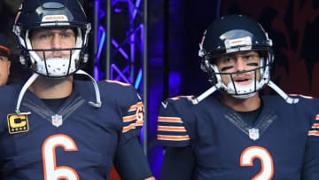 Sep 19, 2016; Chicago, IL, USA; Chicago Bears quarterback Jay Cutler (6) and quarterback Brian Hoyer (2) takes the field prior to the game against the Philadelphia Eagles at Soldier Field. Mandatory Credit: Mike DiNovo-USA TODAY Sports