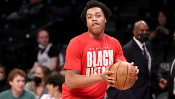 Feb 28, 2022; Brooklyn, New York, USA; Toronto Raptors forward Scottie Barnes (4) Mandatory Credit: Brad Penner-USA TODAY Sports