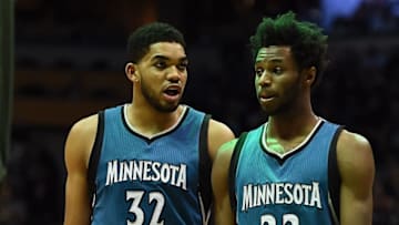 MILWAUKEE, WI - MARCH 11: Karl-Anthony Towns #32 and Andrew Wiggins #22 of the Minnesota Timberwolves walks backcourt during a game against the Milwaukee Bucks at the BMO Harris Bradley Center on March 11, 2017 in Milwaukee, Wisconsin. NOTE TO USER: User expressly acknowledges and agrees that, by downloading and or using this photograph, User is consenting to the terms and conditions of the Getty Images License Agreement. (Photo by Stacy Revere/Getty Images)