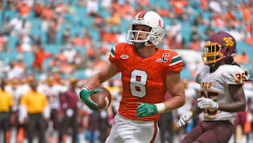 MIAMI GARDENS, FL - SEPTEMBER 02: University of Miami wide receiver Braxton Berrios (8) scores during an NCAA football game between Bethune-Cookman University and the University of Miami Hurricanes on September 2, 2017 at Hard Rock Stadium, Miami Gardens, Florida. Miami defeated Bethune-Cookman 41-13. (Photo by Richard C. Lewis/Icon Sportswire via Getty Images)