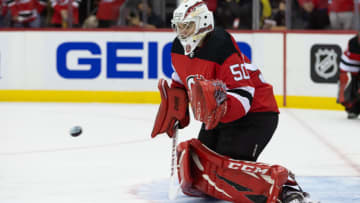 Oct 23, 2021; Newark, New Jersey, USA; New Jersey Devils goaltender Nico Daws (50) warms up before the game against Buffalo Sabres at Prudential Center. Mandatory Credit: Tom Horak-USA TODAY Sports