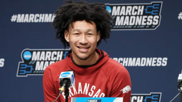 Arkansas Basketball March Madness; BUFFALO, NEW YORK - MARCH 16: Jaylin Williams #10 of the Arkansas Razorbacks address the media during the practice sessions of the NCAA Men's Basketball Tournament - First Round at the KeyBank Center on March 16, 2022 in Buffalo, New York. (Photo by Mitchell Layton/Getty Images)
