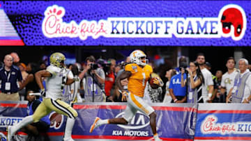 ATLANTA, GA - SEPTEMBER 04: Marquez Callaway #1 of the Tennessee Volunteers rushes for a touchdown past A.J. Gray #5 of the Georgia Tech Yellow Jackets at Mercedes-Benz Stadium on September 4, 2017 in Atlanta, Georgia. (Photo by Kevin C. Cox/Getty Images)
