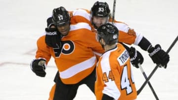 Apr 29, 2014; Philadelphia, PA, USA; Philadelphia Flyers right wing Wayne Simmonds (17) celebrates his power play goal with right wing Jakub Voracek (93) and defenseman Kimmo Timonen (44) against the New York Rangers during the first period in game six of the first round of the 2014 Stanley Cup Playoffs at Wells Fargo Center. Mandatory Credit: Eric Hartline-USA TODAY Sports