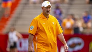 GAINESVILLE, FL- SEPTEMBER 21: Head coach Jeremy Pruitt of the Tennessee Volunteers looks on prior to the start of the game against the Florida Gators at Ben Hill Griffin Stadium on September 21, 2019 in Gainesville, Florida. (Photo by Carmen Mandato/Getty Images)