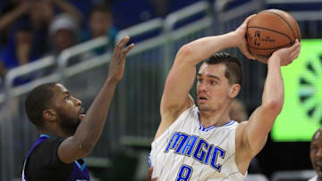 Dec 28, 2016; Orlando, FL, USA; Charlotte Hornets forward Michael Kidd-Gilchrist (14) defends a pass from Orlando Magic guard Mario Hezonja (8) during the second half of an NBA basketball game at Amway Center.The Hornets won 120-101. Mandatory Credit: Reinhold Matay-USA TODAY Sports