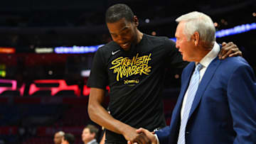 LOS ANGELES, CA - APRIL 18: Golden State Warriors Forward Kevin Durant (35) talks with talks with Executive board member of the Los Angeles Clippers Jerry West before game three of the first round of the 2019 NBA Playoffs between the Golden State Warriors and the Los Angeles Clippers on April 18, 2019 at Staples Center in Las Angeles, CA.(Photo by Brian Rothmuller/Icon Sportswire via Getty Images)