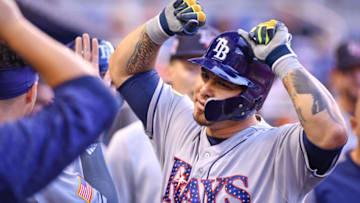 MIAMI, FL - JULY 03: Wilson Ramos #40 of the Tampa Bay Rays celebrates in the dugout after hitting a two run homerun in the first inning against the Miami Marlins at Marlins Park on July 3, 2018 in Miami, Florida. (Photo by Mark Brown/Getty Images)