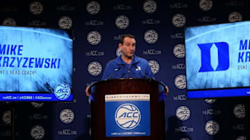 Oct 28, 2015; Charlotte, NC, USA; Duke Blue Devils coach Mike Krzyzewski during ACC media day at The Ritz-Carlton. Mandatory Credit: Jim Dedmon-USA TODAY Sports