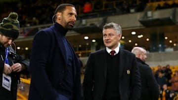 WOLVERHAMPTON, ENGLAND - JANUARY 04: Rio Ferdinand and Ole Gunnar Solskjaer the head coach / manager of Manchester United during the FA Cup Third Round match between Wolverhampton Wanderers and Manchester United at Molineux on January 4, 2020 in Wolverhampton, England. (Photo by Robbie Jay Barratt - AMA/Getty Images)