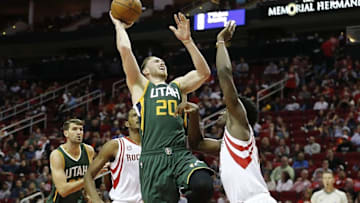 Nov 19, 2016; Houston, TX, USA; Utah Jazz forward Gordon Hayward (20) drives against Houston Rockets center Clint Capela (15) in the second quarter at Toyota Center. Mandatory Credit: Thomas B. Shea-USA TODAY Sports