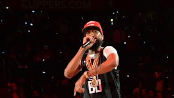 LOS ANGELES, CA - MARCH 9: Nipsey Hussle performs during halftime of the game between the Cleveland Cavaliers and LA Clippers on March 9, 2018 at STAPLES Center in Los Angeles, California. NOTE TO USER: User expressly acknowledges and agrees that, by downloading and/or using this Photograph, user is consenting to the terms and conditions of the Getty Images License Agreement. Mandatory Copyright Notice: Copyright 2018 NBAE (Photo by Andrew D. Bernstein/NBAE via Getty Images)