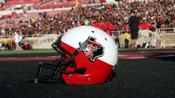 Nov 1, 2014; Lubbock, TX, USA; A special Texas Tech Red Raiders helmet design sits in the end zone before the game with the Texas Longhorns at Jones AT&T Stadium. Mandatory Credit: Michael C. Johnson-USA TODAY Sports