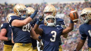 Sep 10, 2016; South Bend, IN, USA; Notre Dame Fighting Irish wide receiver C.J. Sanders (3) celebrates after a touchdown in the second quarter agains the Nevada Wolf Pack at Notre Dame Stadium. Mandatory Credit: Matt Cashore-USA TODAY Sports