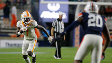 Nov 21, 2020; Auburn, Alabama, USA; Tennessee Volunteers receiver Brandon Johnson (7) carries against the Auburn Tigers during the first quarter at Jordan-Hare Stadium. Mandatory Credit: John Reed-USA TODAY Sports