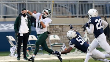 Dec 12, 2020; University Park, Pennsylvania, USA; Michigan State Spartans quarterback Payton Thorne (10) throws a pass during the fourth quarter against the Penn State Nittany Lions at Beaver Stadium. Penn State defeated Michigan State 39-24. Mandatory Credit: Matthew OHaren-USA TODAY Sports