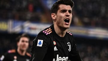 Juventus' Spanish forward Alvaro Morata celebrates after scoring a header during the Italian Serie A football match between Sampdoria and Juventus on March 12, 2022 at the Luigi-Ferraris stadium in Genoa, Liguria. (Photo by Marco BERTORELLO / AFP) (Photo by MARCO BERTORELLO/AFP via Getty Images)