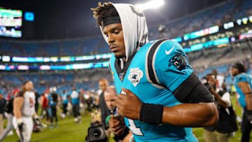 CHARLOTTE, NORTH CAROLINA - SEPTEMBER 12: Cam Newton #1 of the Carolina Panthers runs off the field after their game against the Tampa Bay Buccaneers at Bank of America Stadium on September 12, 2019 in Charlotte, North Carolina. (Photo by Jacob Kupferman/Getty Images)