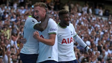 Tottenham Hotspur's Swedish midfielder Dejan Kulusevski (C) celebrates with teammates after scoring their fourth goal during the English Premier League football match between Tottenham Hotspur and Southampton at Tottenham Hotspur Stadium in London, on August 6, 2022. - - RESTRICTED TO EDITORIAL USE. No use with unauthorized audio, video, data, fixture lists, club/league logos or 'live' services. Online in-match use limited to 120 images. An additional 40 images may be used in extra time. No video emulation. Social media in-match use limited to 120 images. An additional 40 images may be used in extra time. No use in betting publications, games or single club/league/player publications. (Photo by CHRIS RADBURN / AFP) / RESTRICTED TO EDITORIAL USE. No use with unauthorized audio, video, data, fixture lists, club/league logos or 'live' services. Online in-match use limited to 120 images. An additional 40 images may be used in extra time. No video emulation. Social media in-match use limited to 120 images. An additional 40 images may be used in extra time. No use in betting publications, games or single club/league/player publications. / RESTRICTED TO EDITORIAL USE. No use with unauthorized audio, video, data, fixture lists, club/league logos or 'live' services. Online in-match use limited to 120 images. An additional 40 images may be used in extra time. No video emulation. Social media in-match use limited to 120 images. An additional 40 images may be used in extra time. No use in betting publications, games or single club/league/player publications. (Photo by CHRIS RADBURN/AFP via Getty Images)