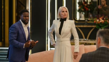 The Man from Toronto. (L-R) Kevin Hart as Teddy, Ellen Barkin as The Handler and Alejandro De Hoyos as Colonel Marin in The Man From Toronto. Cr. Sabrina Lantos/Netflix © 2022.