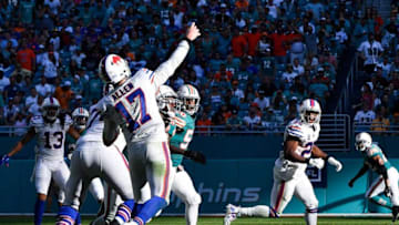 MIAMI, FL - DECEMBER 02: Josh Allen #17 of the Buffalo Bills passes during the fourth quarter against the Miami Dolphins at Hard Rock Stadium on December 2, 2018 in Miami, Florida. (Photo by Mark Brown/Getty Images)