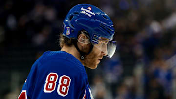 Apr 29, 2023; New York, New York, USA; New York Rangers right wing Patrick Kane (88) warms up before the first period against the New Jersey Devils in game six of the first round of the 2023 Stanley Cup Playoffs at Madison Square Garden. Mandatory Credit: Danny Wild-USA TODAY Sports