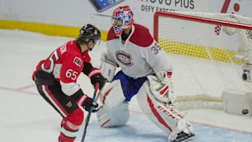 Oct 15, 2016; Ottawa, Ontario, CAN; Ottawa Senators defensman Erik Karlsson (65) scores a goal against Montreal Canadiens gaolie Al Montoya (35) in a shootout at the Canadian Tire Centre. The Senators won 4-3 in a shootout. Mandatory Credit: Marc DesRosiers-USA TODAY Sports