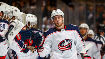 TORONTO, ON - NOVEMBER 19: Pierre-Luc Dubois #18 of the Columbus Blue Jackets celebrates his goal during the first period against the Toronto Maple Leafs at the Scotiabank Arena on November 19, 2018 in Toronto, Ontario, Canada. (Photo by Mark Blinch/NHLI via Getty Images)