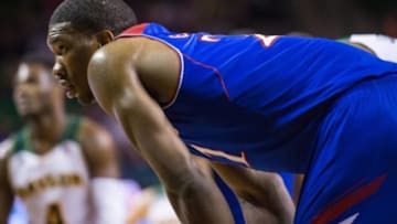 Feb 4, 2014; Waco, TX, USA; Kansas Jayhawks center Joel Embiid (21) during the game against the Baylor Bears at the Ferrell Center. The Jayhawks defeated the Bears 69-52. Mandatory Credit: Jerome Miron-USA TODAY Sports