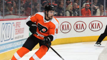 PHILADELPHIA, PA - DECEMBER 19: Ivan Provorov #9 of the Philadelphia Flyers skates the puck behind the net against the Buffalo Sabres on December 19, 2019 at the Wells Fargo Center in Philadelphia, Pennsylvania. (Photo by Len Redkoles/NHLI via Getty Images)