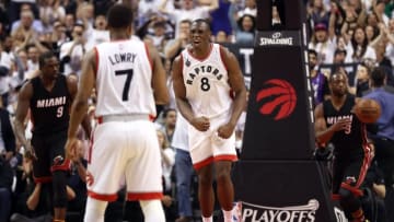 May 11, 2016; Toronto, Ontario, CAN; Toronto Raptors center Bismack Biyombo (8) celebrates a basket against the Miami Heat in game five of the second round of the NBA Playoffs at Air Canada Centre. Mandatory Credit: Tom Szczerbowski-USA TODAY Sports