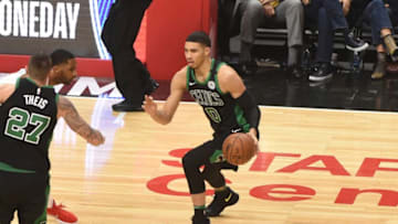 LOS ANGELES, CA - JANUARY 24: Jayson Tatum #0 of the Boston Celtics handles the ball against the LA Clippers on January 24, 2018 at STAPLES Center in Los Angeles, California. NOTE TO USER: User expressly acknowledges and agrees that, by downloading and/or using this Photograph, user is consenting to the terms and conditions of the Getty Images License Agreement. Mandatory Copyright Notice: Copyright 2018 NBAE (Photo by Adam Pantozzi/NBAE via Getty Images)