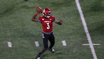 LOUISVILLE, KENTUCKY - SEPTEMBER 19: Malik Cunningham #3 of the Louisville Cardinals throws the ball against the Miami Hurricanes at Cardinal Stadium on September 19, 2020 in Louisville, Kentucky. (Photo by Andy Lyons/Getty Images)