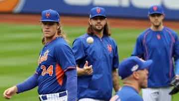 Oct 4, 2016; New York, NY, USA; New York Mets pitcher Noah Syndergaard (34) works out the day before the National League Wild Card game against the San Francisco Giants at Citi Field. Mandatory Credit: Chris Pedota/The Record via USA TODAY NETWORK