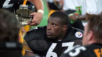 PITTSBURGH - AUGUST 8: Offensive lineman Jamain Stephens #67 of the Pittsburgh Steelers looks on from the sideline during a preseason game against the Buffalo Bills at Three Rivers Stadium on August 8, 1998 in Pittsburgh, Pennsylvania. (Photo by George Gojkovich/Getty Images)