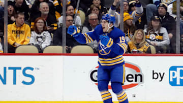 Dec 10, 2022; Pittsburgh, Pennsylvania, USA; Buffalo Sabres center Peyton Krebs (19) reacts after scoring a goal against the Pittsburgh Penguins during the third period at PPG Paints Arena. The Penguins won 3-1. Mandatory Credit: Charles LeClaire-USA TODAY Sports