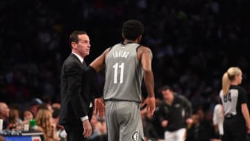 Kenny Atkinson and Kyrie Irving #11 of the Brooklyn Nets during the game against the New Orleans Pelicans (Photo by Matteo Marchi/Getty Images)