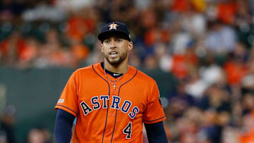 HOUSTON, TEXAS - MAY 24: George Springer #4 of the Houston Astros leaves the game in the eighth inning with an unknown injury against the Boston Red Sox game at Minute Maid Park on May 24, 2019 in Houston, Texas. (Photo by Bob Levey/Getty Images)