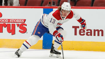 GLENDALE, AZ - OCTOBER 30: Montreal Canadiens center Max Domi (13) controls the puck during the NHL hockey game between the Montreal Canadiens and the Arizona Coyotes on October 30, 2019 at Gila River Arena in Glendale, Arizona. (Photo by Kevin Abele/Icon Sportswire via Getty Images)