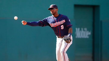 Jul 24, 2016; Boston, MA, USA; Minnesota Twins shortstop Eduardo Nunez (9) throws out a runner during the eighth inning of the Boston Red Sox 8-7 win over the Minnesota Twins at Fenway Park. Mandatory Credit: Winslow Townson-USA TODAY Sports